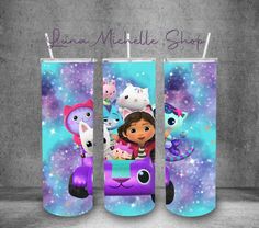 two socks with cartoon characters on them, one is purple and the other is blue