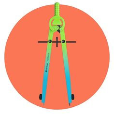 a pair of green and blue scissors sitting on top of an orange circle with black handles