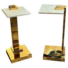 Pair of modern polished brass and Carrara marble drink tables. Perfect for today's transitional designs! Marble Drink, Drink Tables, Paint And Drink, Modern Side Tables, Top Drinks, Metal End Tables, Brass Side Table, Marble Side Tables, Drink Table