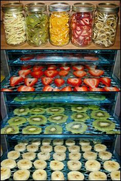 fruit and veggies are in glass containers on the shelves next to each other