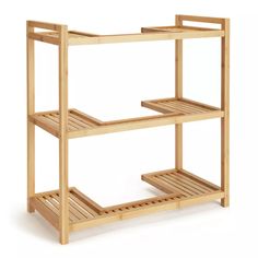 a wooden shelf with two shelves on each side