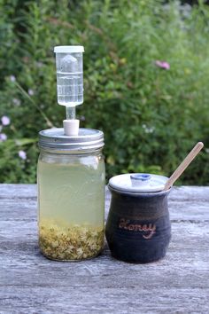 a mason jar filled with liquid next to a canister full of seeds and herbs