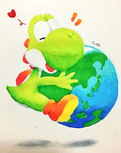 a drawing of a green frog sitting on top of the earth holding a red heart