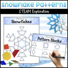 snowflakes and patterns are featured in this winter themed pattern block activity for kids