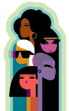 an illustration of women with different hair styles and colors on their faces, all looking in the same direction