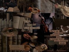 a collage of photos with coffee, books and other things in them including an eye