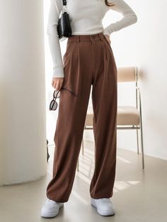 Coffee Brown    Polyester Plain  Embellished Non-Stretch All Women Suits Tailored Pants Women, Bank Job, Trouser Outfit, Business Casual Outfits For Work, Stylish Work Outfits, Brown Pants, Casual Work Outfits, Looks Chic