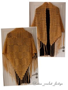 a crocheted shawl with fringes hanging from it's side and another photo of the shawl