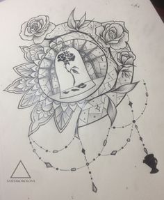 a drawing of a bell surrounded by roses