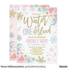 the winter onederland birthday party is shown with gold glitter and flowers on it