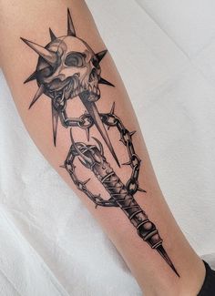 Goth Guy Tattoos, Skull Flail Tattoo, Gothic Style Tattoo Men, American Gothic Tattoo, Black Metal Tattoo Ideas, Skeleton Knight Tattoo, Gothic Wrist Tattoos, The Craft Tattoo Ideas, Blackwork Patchwork Tattoo