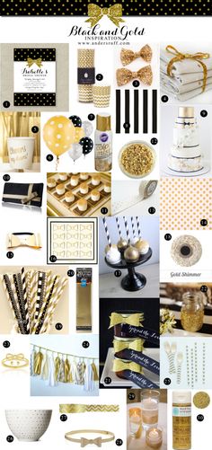 a collage of gold and black items with white polka dots on the bottom right corner