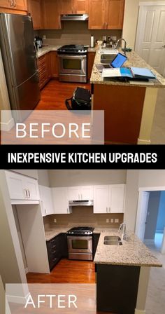 before and after pictures of a kitchen remodel with stainless steel appliances, wood flooring and cabinets