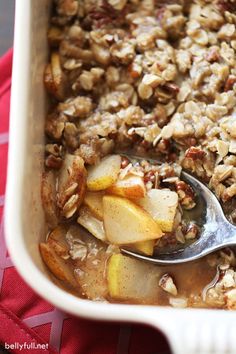 a bowl filled with oatmeal and apples on top of a red cloth