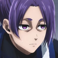 a close up of a person with purple hair and blue eyes looking at the camera