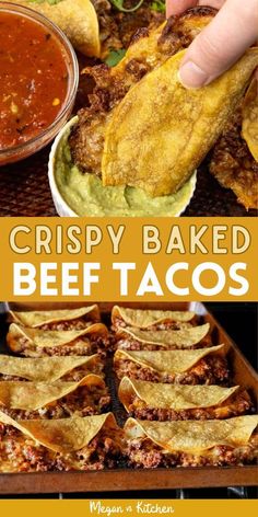 crispy baked beef tacos with guacamole and salsa on the side