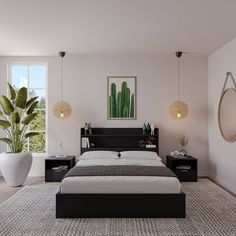 a modern bedroom with white walls and black furniture