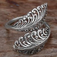 Sterling silver wrap ring, 'Friendly Ferns' - Hand Made Sterling Silver Wrap Ring Leaf Motifs Indonesia Precious Metal Clay Jewelry, Silver Flower Ring, Silver Wrap Ring, Metal Clay Jewelry, Precious Metal Clay, Silver Jewelry Design, Wrap Ring, Gem Ring, Sterling Silver Flowers