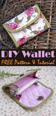 two purses sitting on top of a table next to each other with the text diy wallet free pattern and instructions