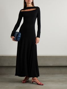 Victoria Beckham's maxi dress is adorned with skin-baring cutouts that add a bold touch to its otherwise simple design. Cut from stretch-jersey, it fits slim through the bodice before falling to a flowy skirt. Temper the maxi hem with heels. Summer Style Guide, Flat Dress Shoes, Dress Flats, Maxi Jersey Dress, Flowy Skirt, Stretch Dress, Everyday Wardrobe, Black Maxi Dress, Victoria Beckham