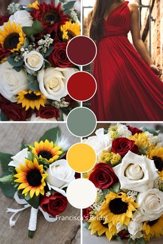 wedding bouquets with sunflowers and roses in red, white, yellow and green