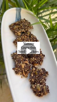 a white plate topped with granola and seeds next to a green leafy plant