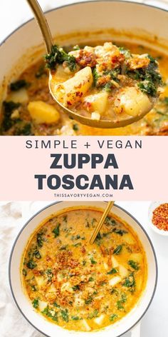 the recipe for zupa toscana is shown in two pictures