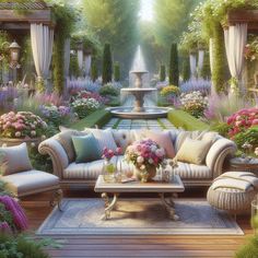 a living room filled with lots of furniture next to a fountain and flower covered garden