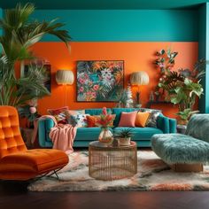 an orange and blue living room with two chairs, one couch and the other chair