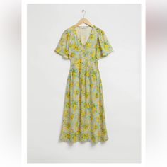 Brand New, Never Worn. The Most Beautiful Springtime Pattern With Mimosa Flowers. Size 8. It Has Pockets!! Yellow Fitted Dress With Flutter Sleeves, Yellow Flowy Midi Dress For Garden Party, Casual Yellow Dress With Flutter Sleeves, Mimosa Flowers, Flutter Dress, Midi Dress With Sleeves, V Cut, V Cuts, Fashion Story