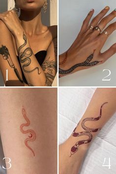 four different tattoos on the arms and legs, including one with a snake in it