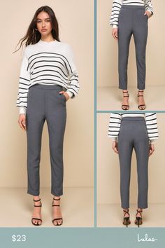 When you're not busy conquering the conference room, kick back in the Lulus Kick It Grey High-Waisted Trouser Pants! Sleek woven fabric constructs a high, banded waist, pleated accents, and diagonal front pockets. Relaxed pant legs taper at an ankle-length hem. Hidden side zipper/hook clasp. Fit: This garment fits true to size. Length: Ankle length. Size medium Inseam: 28.50 Front Rise: 12.50 Waist: Fitted - very fitted at natural waist. Hip: Fitted - consider sizing up for fuller hips. Fabric: Stretch Work Pants With Pockets For Office, Stretch Bottoms For Office Wear, Office Lady Bottoms With Pockets For Work, Office Lady Workwear Bottoms With Pockets, Office Lady Workwear Pants With Pockets, Office Pull-on Tapered Leg Pants, Tapered Leg Office Pants, Office Lady High-waisted Pants For Workwear, Office Lady Trousers For Workwear