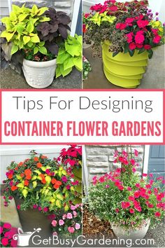 four different types of flower pots with text overlay that says tips for designing container flower gardens