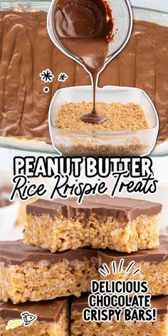 peanut butter rice krispy treats are stacked on top of each other with chocolate frosting