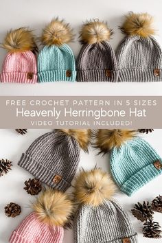 several knitted hats with pom poms and pine cones on the bottom, in different colors