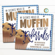 two blue and white business cards with muffins on them for referrals