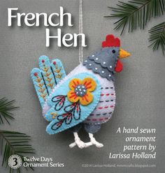 an ornament made to look like a chicken hanging from a pine tree with the words french hen on it