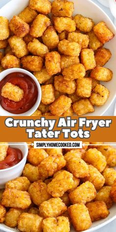 some tater tots are in a bowl with ketchup on the side