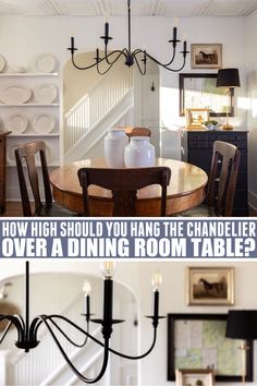 the chandelier is hanging over a dining room table