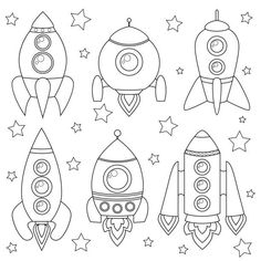 four cartoon rockets with stars in the background stock photo and royalty illustration for children's room