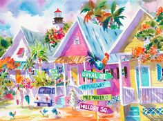 a painting of colorful houses and palm trees