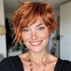 Copper Short Hair Pixie Cuts, Ginger Pixie Haircut, Ginger Pixie, Red Hair Pixie Cut, Vintage Haircut, Shaggy Pixie Cut, Red Pixie Haircut, Short Copper Hair, Vintage Haircuts