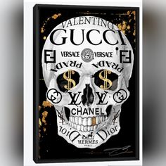 a skull with dollar signs on it's face and the words gucci written in gold