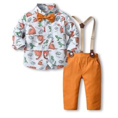 Orange Pants / 9M / China Cartoon Dinosaur Print Kids Suspenders Boys Outfit, Dinosaur Shirts, Clothing Vendors, Tie Cardigan, Boys Fall Outfits, Orange Pants, Party Models, Dinosaur Shirt, Boy Clothing