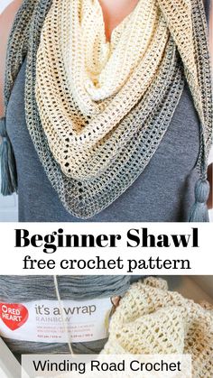 a woman wearing a scarf with text overlay that says beginner shawl free crochet pattern