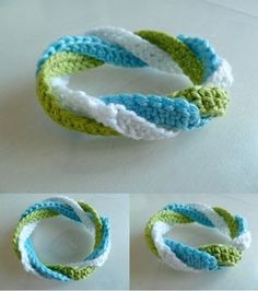 crocheted bracelets are shown in three different colors