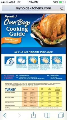 the oven bag cooking guide is displayed on an iphone screen, with instructions for how to use it