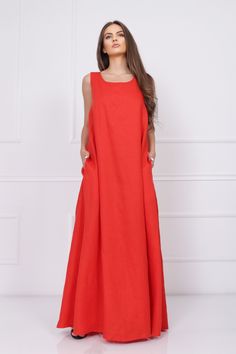 "Step into a world of timeless elegance with our long red sleeveless linen maxi evening dress, a masterpiece that redefines sophistication. This dress boasts a captivating sleeveless design and features a striking open-back, making it the ultimate choice for formal occasions, gala events, or any soirée where you want to exude grace and allure. Features: 🌹 Radiant Red Hue: The radiant red color of this dress embodies passion and allure, ensuring you capture attention with an air of refined charm Elegant Linen Maxi Dress, Elegant Floor-length Linen Dresses, Sleeveless Linen Maxi Dress For Evening, Red Linen Maxi Dress For Summer, Sleeveless Red Linen Dress For Summer, Elegant Red Linen Dress For Spring, Red Sleeveless Linen Dress, Maxi Evening Dress, Radiant Red