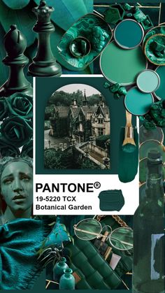 pantone's teal green color scheme for the victorian garden, including bottles and glasses