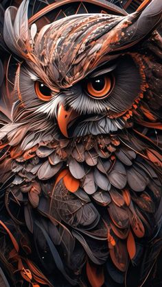 an orange and black owl with big eyes